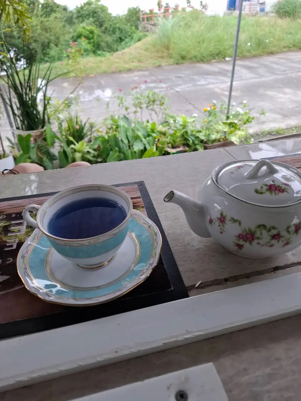 A blue teacup and floral teapot on the cafe counter overlooking roadside plants
